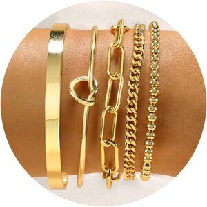 14K Real Gold Plated Bracelets for Women Stack,Bangle Cuff Bracelet Set Non Tarn